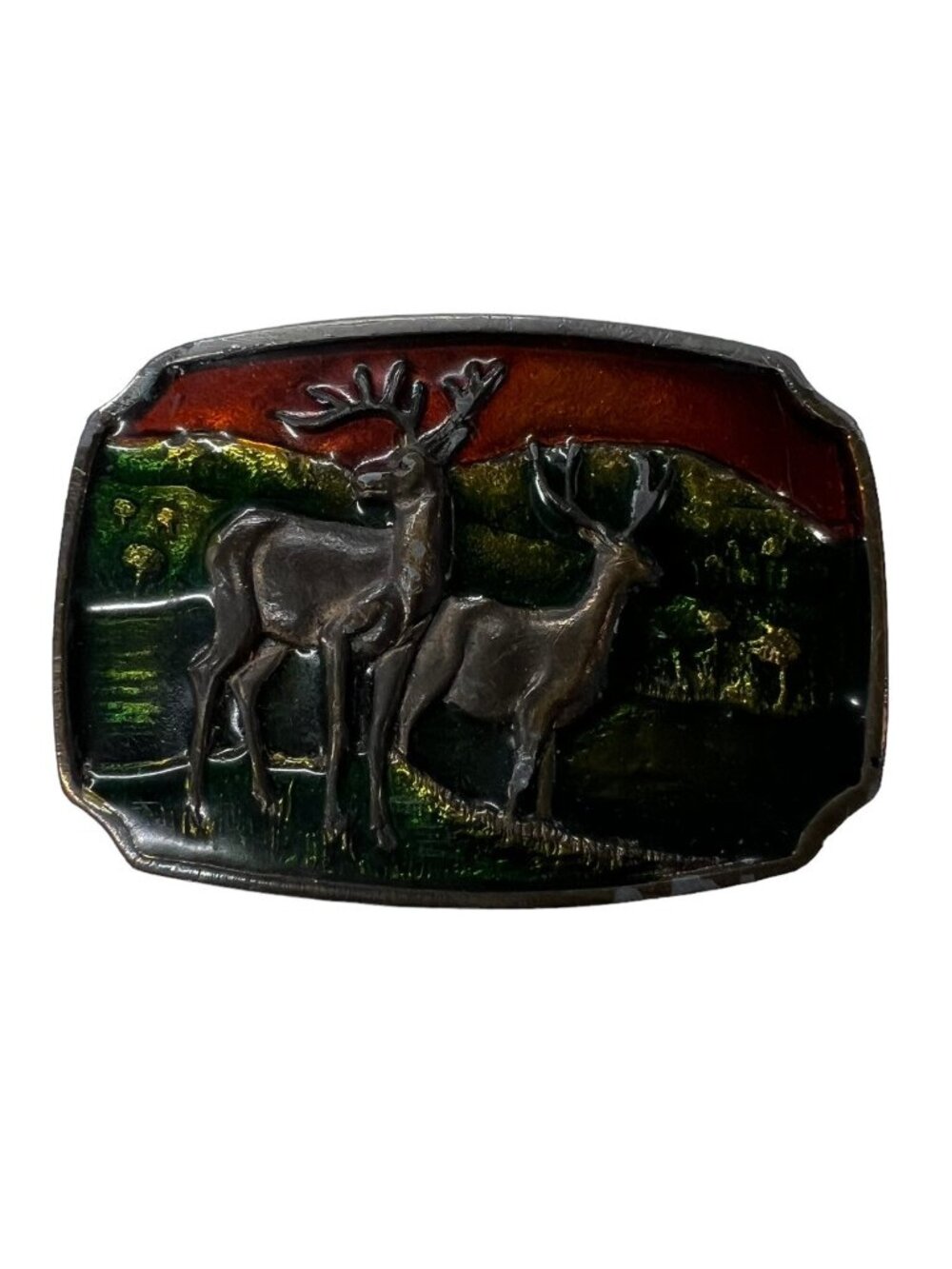 Deer Buck Antler Colored Vintage Belt Buckle 3D Embossed Kolcaco 70's Hunting 3"